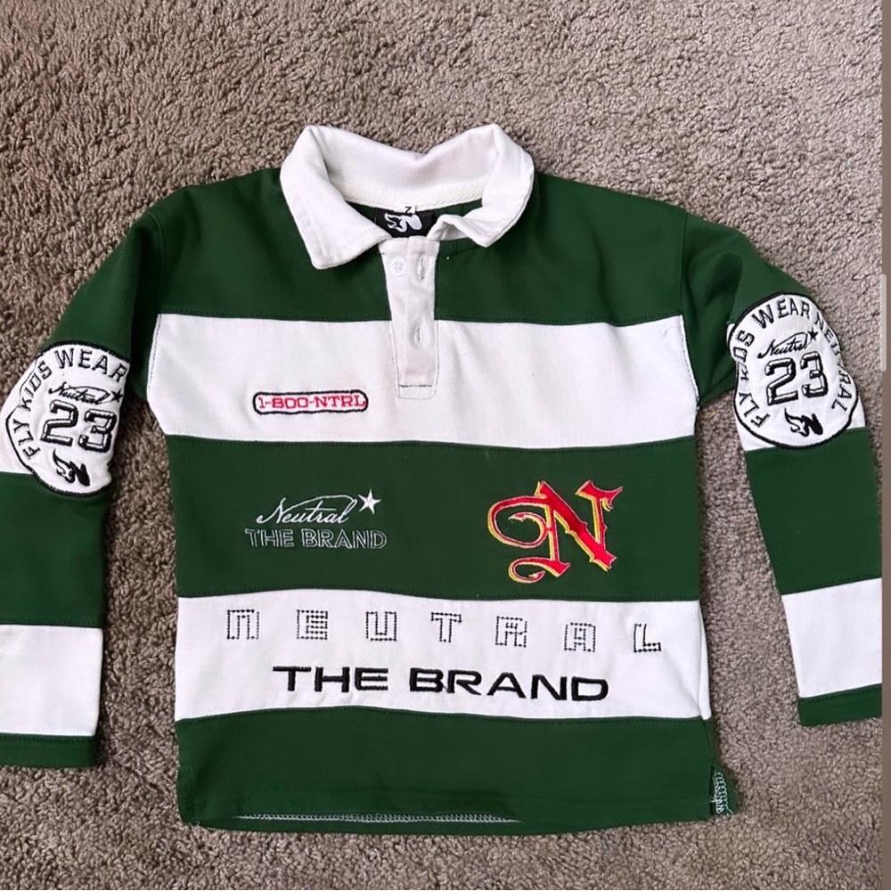 Kids Green and White Long Sleeve Rugby Tee